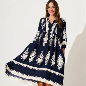 Vestidos cortos elegantes de verano personalizados para mujer sueltos informales con estilo cuello en V manga acampanada algodón impreso Digital - Product Image 1