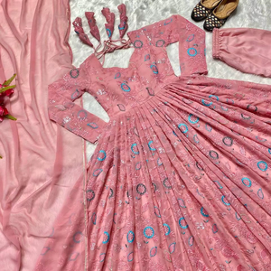 Estilo indio Faux Georgette Heavy Sequence bordado trabajo Anarkali vestido y pantalón con Dupatta diseñador indio listo para usar - Product Image 1