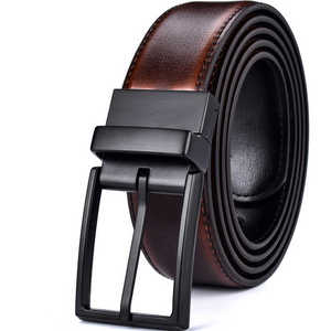 Ceinture décontractée en cuir de vache véritable pour hommes 3.2CM réversible en cognac et noir avec cuivre rotatif pour boucle - Product Image 2