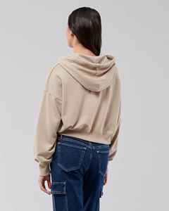 Sudadera con capucha corta de alta calidad para mujer, estilo casual, con etiqueta personalizada, hombros caídos, cierre de cremallera y corte cropped. - Product Image 4