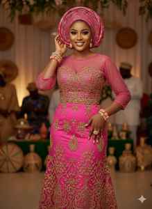 Empress Collection Nigerian Eco-Friendly Girls Wedding Traditional Wear <b>Brown</b> Handwork George Abstract Floral Design Special - Product Image 3