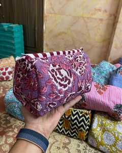 Set of 3 Handmade Block Printed Cotton <b>Makeup</b> Bags Pink Quilted Indian Toiletry Pouches Travel Cosmetic Organizer <b>Kit</b> - Product Image 2
