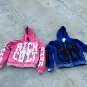 Ensemble de sweat-shirt surdimensionné poids lourd personnalisé lavé à l'acide en détresse soleil délavé patch brodé sweat à capuche zippé - Product Image 1