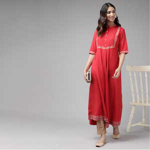 Robe Anarkali en rayonne à plis, tenue modeste en rouge, 48 pouces - Product Image 5