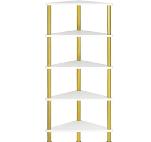 Estantería grande de metal dorado con niveles estilo mármol y círculos decorativos centrales. Disponible a precios de mayoreo. - Product Image 2