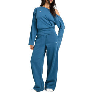 Women Off Shoulder Long Sleeve <b>Lounge</b> <b>Set</b> Wide Leg Pants Soft Knit Fabric Private Label OEM Manufacturing supplier - Product Image 1