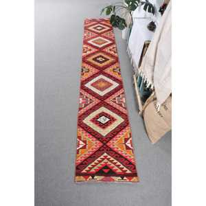 Turkish Rug, 2x11.7 ft <b>Runner</b> Rug, <b>Red</b> Floral Wool Vintage Rug - Product Image 1
