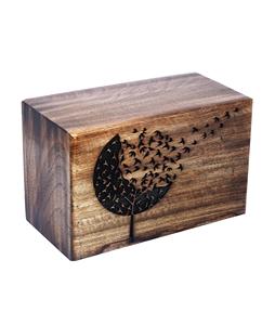 Urnas de caja de cremación de madera con grabado de bordes de palisandro hechas a mano antiguas para humanos (Tree Life - Flying Bird Brown) - Product Image 2