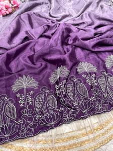 Tradicional de moda clásico pesado boda fiesta desgaste Chinon púrpura Saree último diseñador exclusivo étnico indio mujeres chica desgaste - Product Image 3