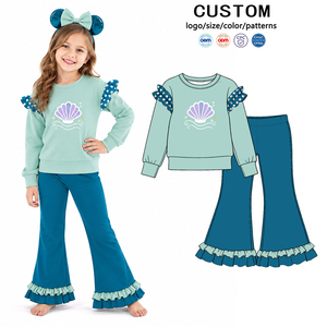 Conjunto de 2 piezas de ropa de princesa de primavera para niñas pequeñas, estampado floral de margaritas, manga con volantes, top morado, pantalones acampanados - Product Image 4