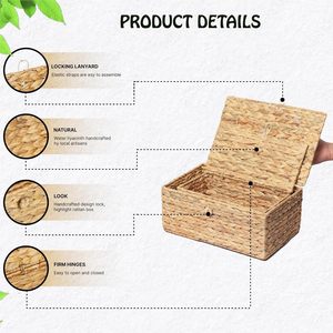 Panier de rangement en osier, jacinthe d'eau écologique de qualité supérieure avec couvercle et poignées Ensemble de couvercles de paniers en osier - Product Image 2
