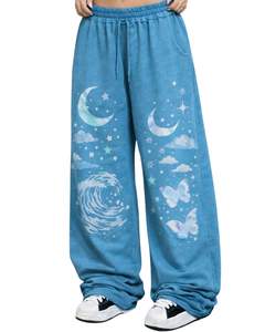 Pantalons de survêtement à jambes larges à imprimé papillon bleu lune personnalisés par le fabricant, vêtements de rue surdimensionnés pour femmes, pantalons de jogging en molleton personnalisés OEM - Product Image 1