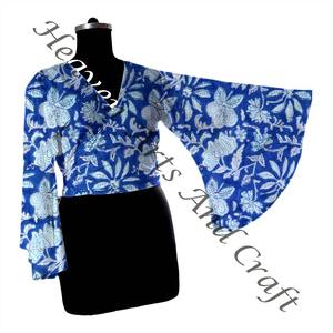 2025 nouvelle Collection bloc imprimé col en v Wrap cravate haut Kimono manches pour femmes vêtements de plage vacances main bloc imprimé haut - Product Image 6