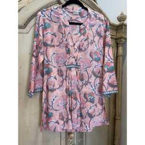 Chemisier ample à plis pour femme en satin de soie et lin imprimé floral corail – Chemise de bureau formelle taille XL pour l'automne - Product Image 1