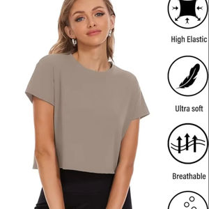 Femmes haut court 100% coton athlétique entraînement Gym t-shirts décontractés à manches courtes Yoga course T-Shirts bouton décoration coupe ample - Product Image 6