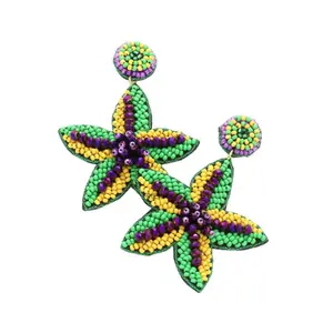 Multi-Mardi Gras Seed Beaded Starfish Dangle Earrings - Vibrant and Festive Accessories for Mardi Gras Celebrations