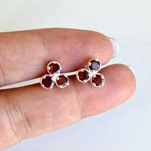 Triple Dot Red <b>Garnet</b> Round Prong Post Stud <b>Earrings</b> Wholesale 925 Sterling Silver January Birthstone Jewelry Gift For Her - Product Image 3