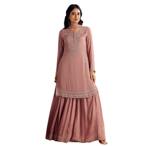 Vente en gros de vêtements ethniques pour femmes costume de fête personnalisé de fournisseur d'usine OEM ensemble Kurta rose avec palazo brodé et paillettes Dupatta - Product Image 3
