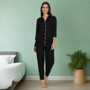 Women's Classic Black Rayon Solid Night <b>Suit</b> with Elastic Waist Soft Woven Fabric Customizable Logo ODM Supp - Product Image 1