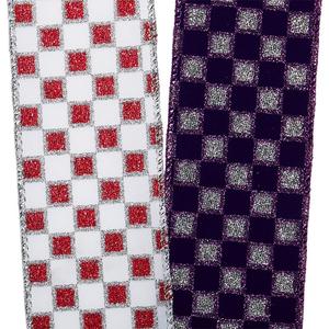 Luxury Floral Velvet <b>Wired</b> <b>Ribbon</b> Sparkling Checkered Print for Birthday Halloween Wedding Christmas Hanukkah Silk Polyester - Product Image 3