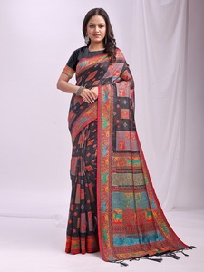 Sarees tissés en coton de lin pur de qualité supérieure Style formel en soie avec travail Zari et glands traditionnels vêtements indiens et pakistanais - Product Image 3