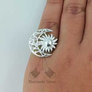 925 Sterling Silver Sun <b>Moon</b> <b>Ring</b> Handmade Boho Celestial Jewelry 18K Plating Gift for Her Inlaid Crescent <b>Moon</b> Design - Product Image 2