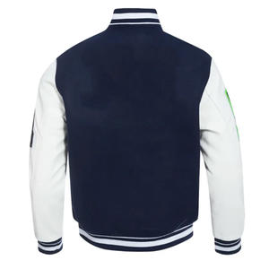 Chaqueta de béisbol universitaria de talla grande para hombre, chaqueta de lana retro con mangas de cuero, bombardero informal con letras y logotipo personalizado bordado - Product Image 2