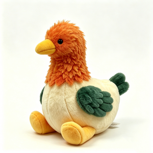 Tête orange à plumes, corps blanc crème, ailes vert foncé, bec et pattes jaunes, peluche texturée et duveteuse, assise ronde et pulpeuse. - Product Image 5