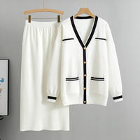 Ensemble 2 pièces en tricot chaud pour femmes, motif uni, cardigan mi-long et jupe en maille