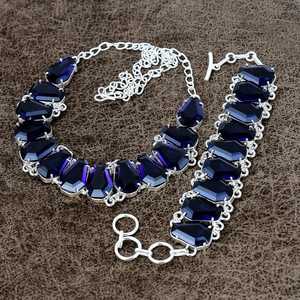 Collier saphir en laiton plaqué argent pour femme élégante, bracelet, ensemble de bijoux, style religieux, cadre de canal, cadeau de fête de mariage - Product Image 3