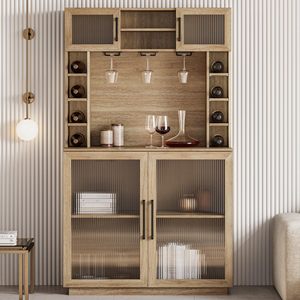 Moderno Mueble Alto de Madera para Despensa con Puertas de Vidrio Acanalado, Aparador Buffet para Cafetería con Estante para Vino para Cocina - Product Image 6