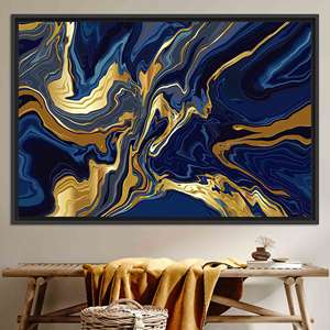 Impression sur toile marbrée or et bleu marine : décoration murale élégante et luxueuse, toile encadrée noire - Product Image 1