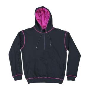 Chándal de punto de contraste con logotipo en relieve personalizado, forro polar negro con costuras rosas, Capucha forrada de satén, Sudadera con capucha y cremallera - Product Image 1