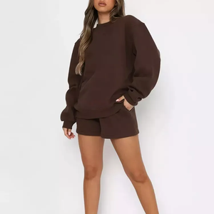 Hoàn Hảo Chất Lượng Cao Mùa Đông Rắn Thêu Của Phụ Nữ Dài Tay Áo Crew Neck Áo Và Quần <span class=keywords><strong>Short</strong></span> Set 100% Cotton Thoáng Khí - Product Image 1