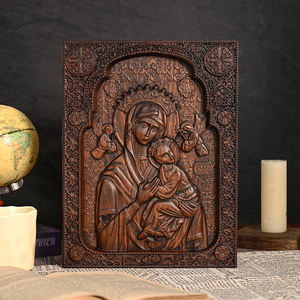 Icône en bois Notre-Dame du Perpétuel Secours, art mural de la Vierge Marie orthodoxe sculptée à la main, décor de panneau en relief en bois religieux - Product Image 5
