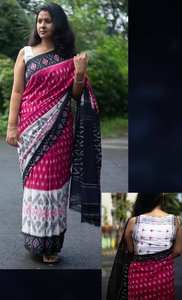 Saree en pur lin avec des motifs Kalamkari élégants et un saree contrastant à impression numérique à grande bordure pour une tenue de fête - Product Image 6