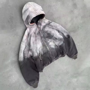 Sweat à capuche en denim délavé vintage personnalisé pour homme, délavé au soleil, fermeture éclair intégrale, streetwear ample, double couche, motif délavé, bouton - Product Image 2