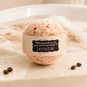 Bombe de bain parfumée au cappuccino, faite à la main, effervescente, avec huile de pépins de raisin, sel marin et vitamine E, soin hydratant pour la peau - Product Image 1