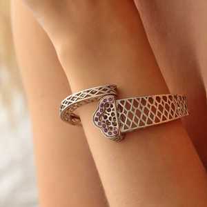 925 Sterling Silver Openwork <b>Bracelet</b> with Heart Shape Stone-Studded - Product Image 1