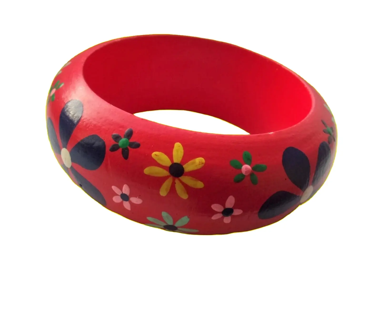 Braccialetto di legno di arte popolare russa grosso bracciale rustico Boho dipinto a mano rosso giallo floreale alla moda gioielli di perle sottili irregolari