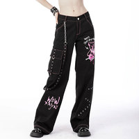 Pantalon baggy gothique punk en coton 100% avec des clous métalliques noirs, rose et chaud