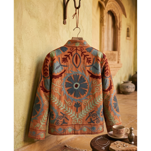 Elegant Hand Embroidered Floral Blazer <b>Mandarin</b> <b>Collar</b> Full Sleeve Cotton Spring Women's <b>Jacket</b> - Product Image 3