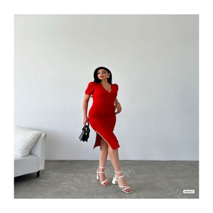 Mejor calidad rojo fucsia colores tela crepé 2S 2M 2L vestidos de lujo mujeres elegantes - Product Image 1