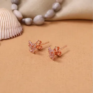 Boucles d'oreilles clous papillon plaqué or rose avec zircon pour femme, style nœud, bijoux fantaisie mignons pour soirée, cadeau - Product Image 1