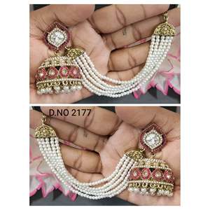 Boucles d'oreilles pendantes Polki Mehandi Bahubali en perles plaquées or avec motif floral pour les occasions de mariage des femmes SKU 2177 A-5 - Product Image 3