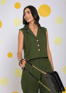 Ensemble de coordination en pur lin vert olive Style occidental haut décontracté pantalon confortable 2 poches col taille naturelle Design solide - Product Image 3