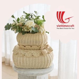 Cestas Naturales con Tapa Festoneada, Forma Ovalada, Apilables, Plegables, Decoración para el Hogar, Lazo Azul, Diseño Ecológico y Bonito, Viettimecraft - Product Image 3
