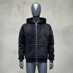 Sudaderas con Capucha Personalizadas con Logotipo, de Alta Calidad, 500 g/m², 100% Algodón, Estilo Holgado, Lavado Ácido Decolorado al Sol, con Cierre y Remaches de Estrás - Product Image 4