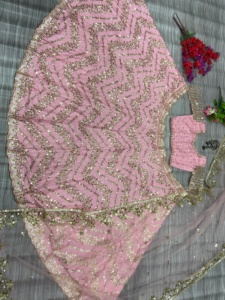 Elegant Wedding Silk Lahenga with Heavy <b>Sequins</b> and Hand-Drawn Traditional Choli for Parties - Product Image 5