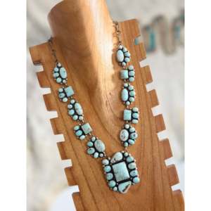 Louise Jim Natural Dry Creek Turquoise Sterling Silver Geometric Cluster <b>Set</b> <b>Beaded</b> Chains Diamond Pearl Religious Wedding Gift - Product Image 3